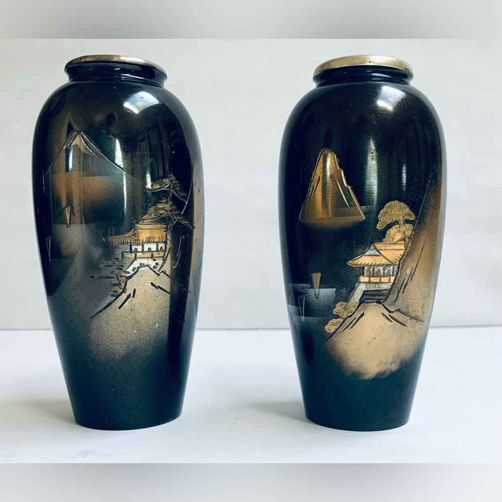 2 Japanese Mixed Metal Black Etched Enamel Vases Gold Mt Fuji Mountain Pagoda